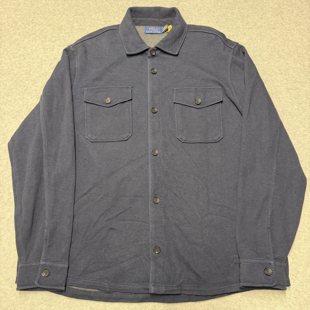 Polo Ralph Lauren Shirt Mens Large Blue Double-Knit Mesh Jacket Button Pockets